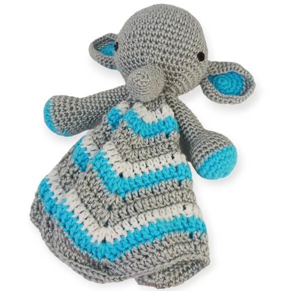 Hand Crochet Elephant Lovey for Baby-Child Gray White Turquoise - Picture 3 of 6